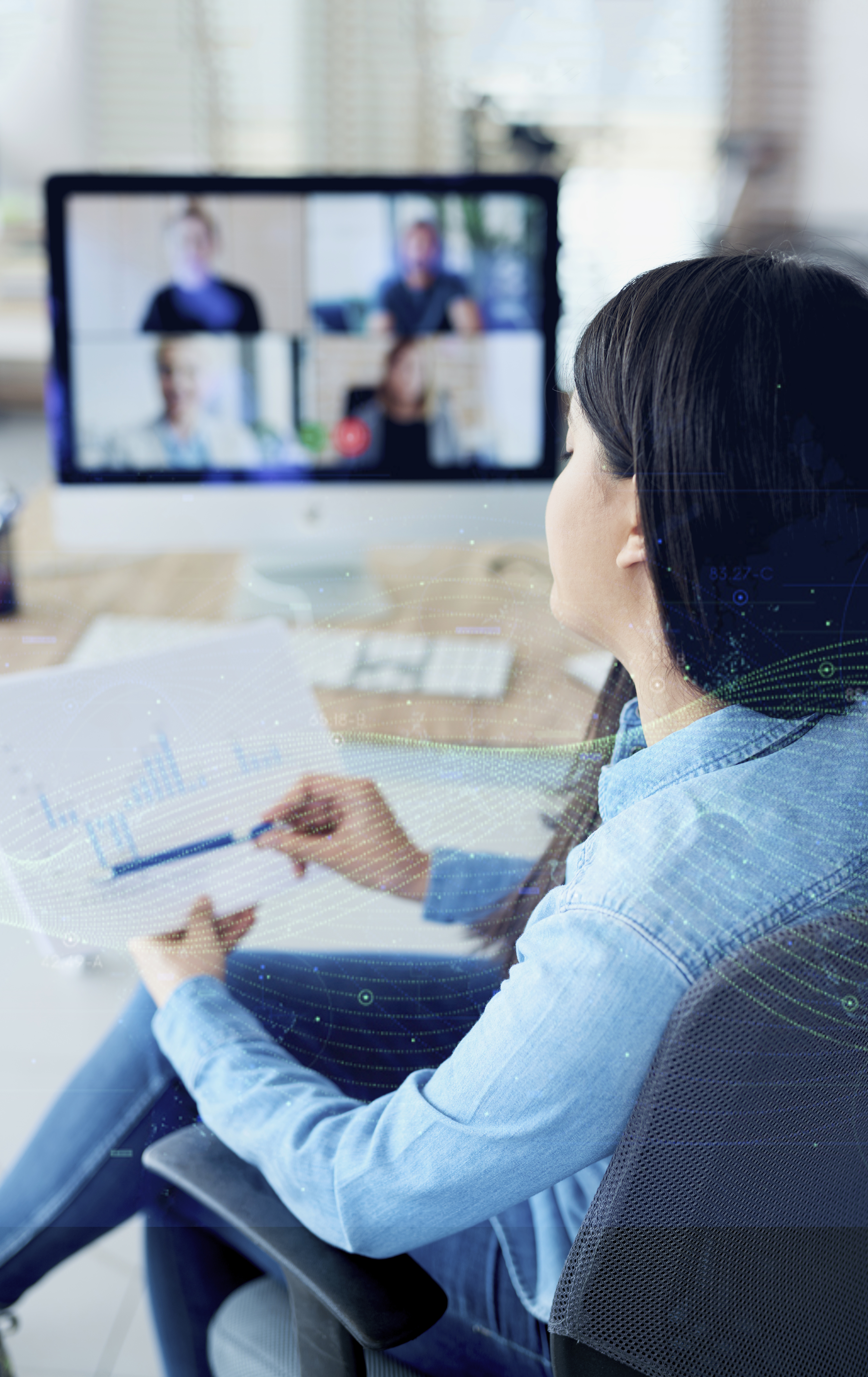 Vertical photography of woman having video conference