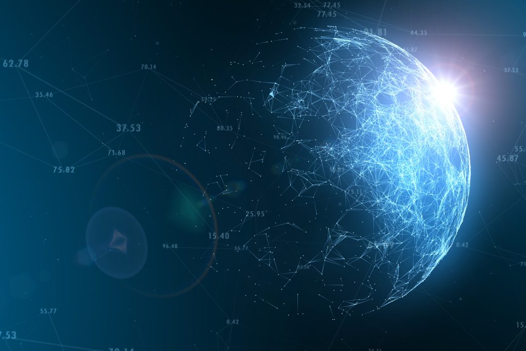 Futuristic network globe with numbers, view from space and flare of light.