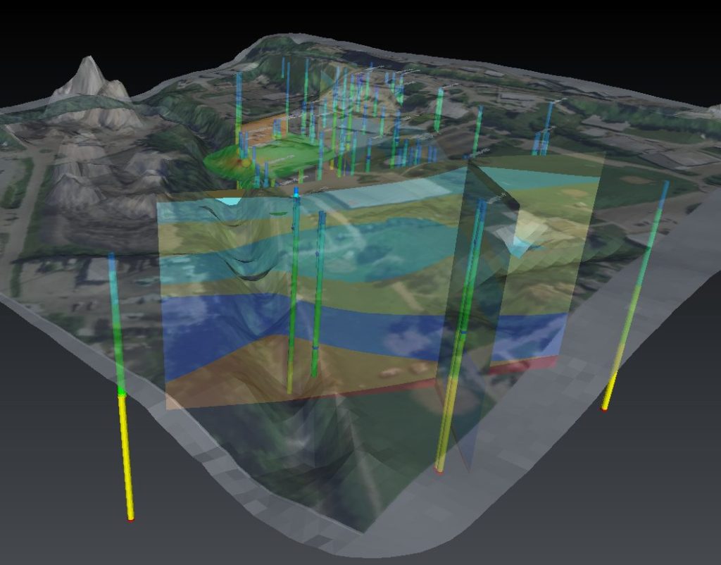 A model of a subsurface stratigraphy and groundwater plumes