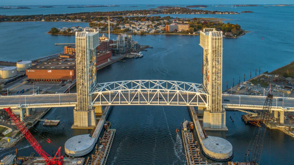 Aerial shot of the Fore River Bridge