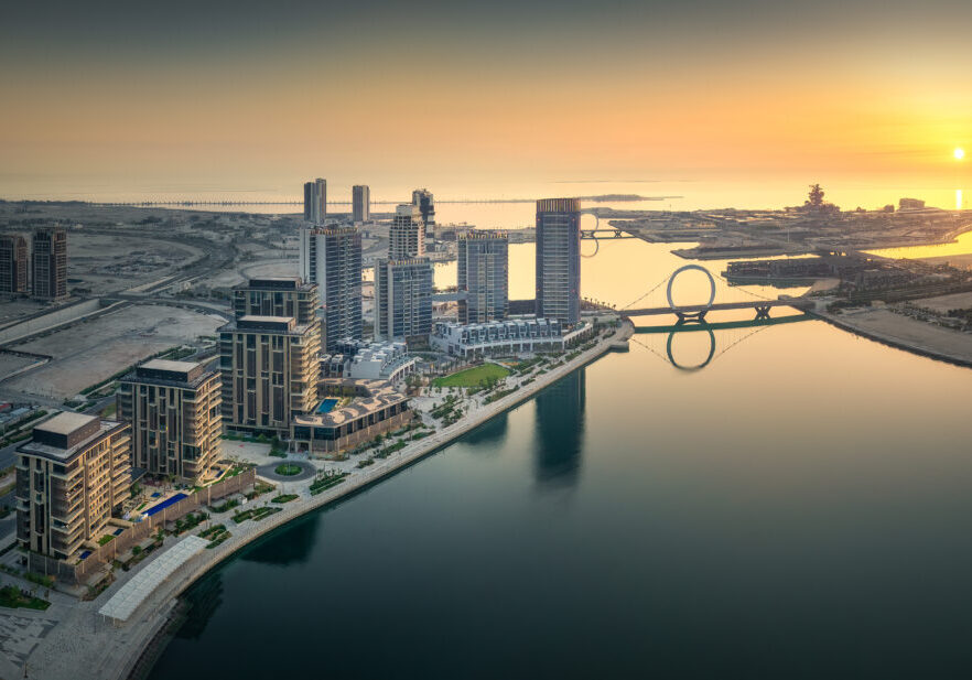 Ariel view of towers and townhouses.